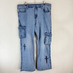 Hot Topic Dagger Cargo Denim Pants Wide Leg Blue Men's 38x32 Y2K